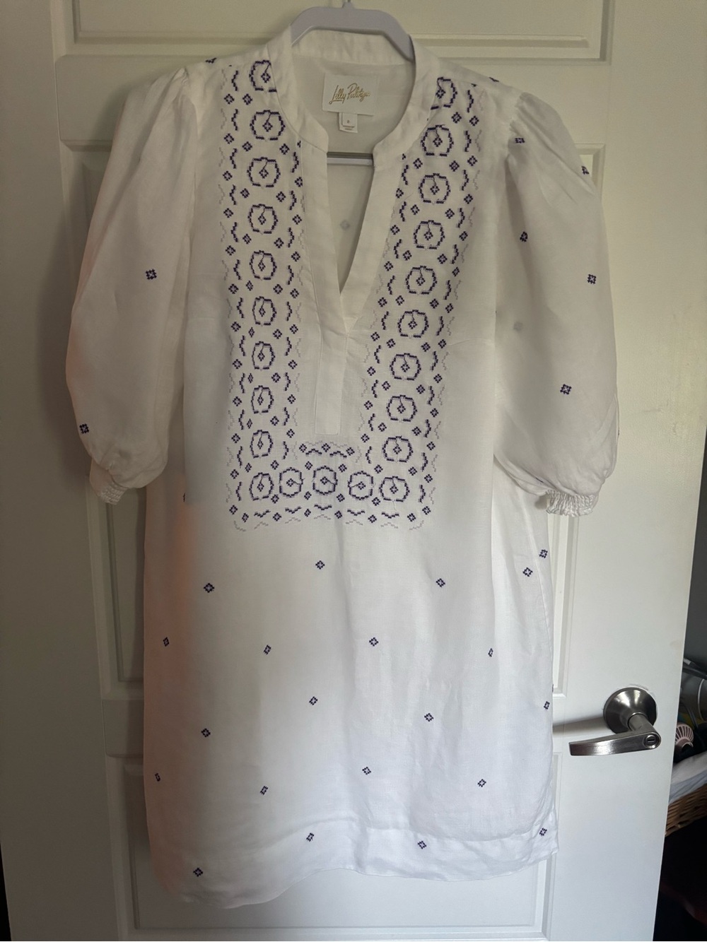 Lilly Pulitzer Mialeigh Linen Embroidered Shift Dress Water Hyacinth 8